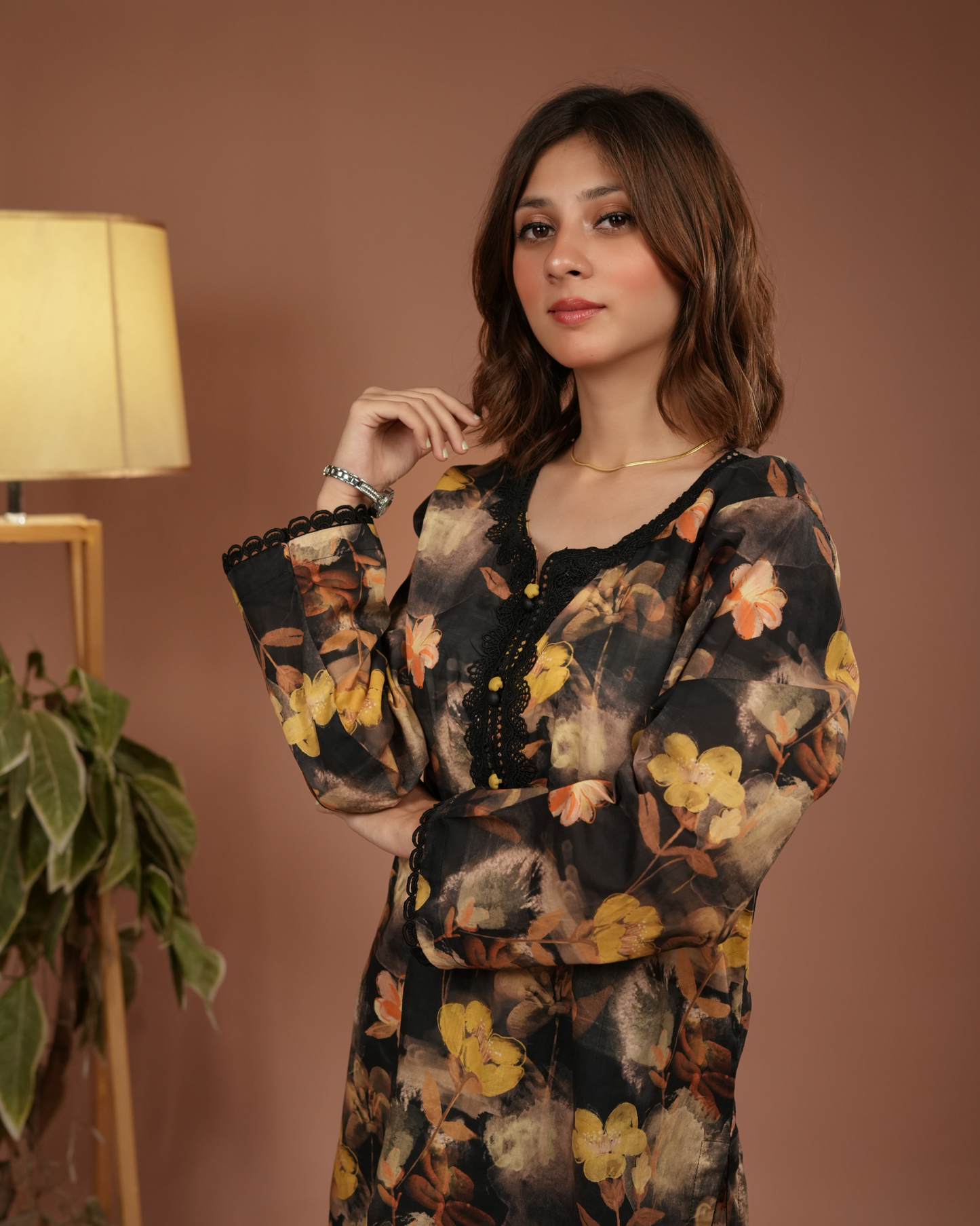 Orchid 01 – Black Floral Co-ord with Lace Details