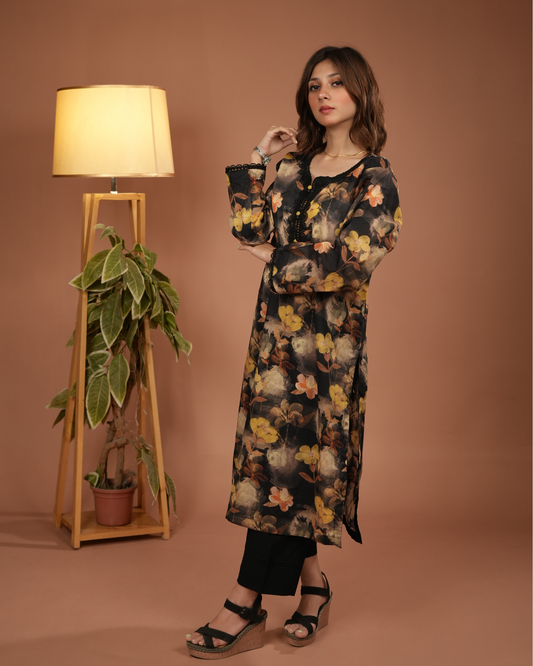 Orchid 01 – Black Floral Co-ord with Lace Details