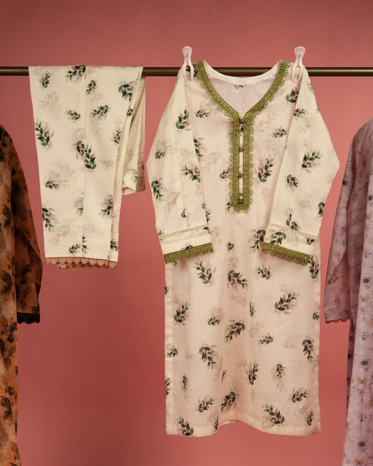 Anemones – White Lawn Co-ord with Green Motifs