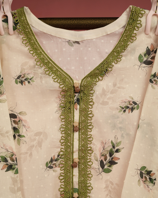 Anemones – White Lawn Co-ord with Green Motifs